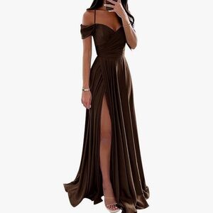 BRAND NEW Dark Brown Satin off shoulder A-Line bridesmaid dress